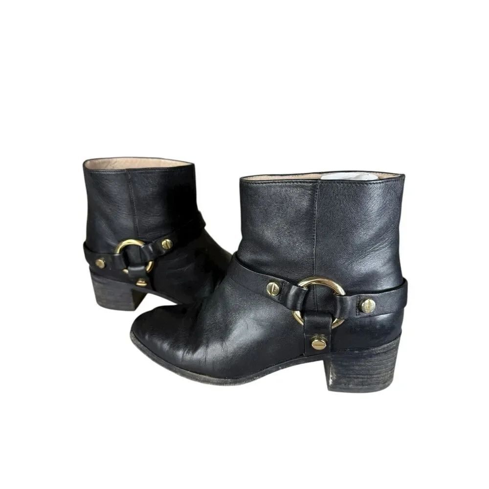 Stuart Weitzman Black Leather Harness Ankle Boots Size 7 Gold Hardware